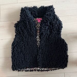 Betsey Johnson Vest Womens L Faux Fur Shaggy Button Leopard Lined Statement